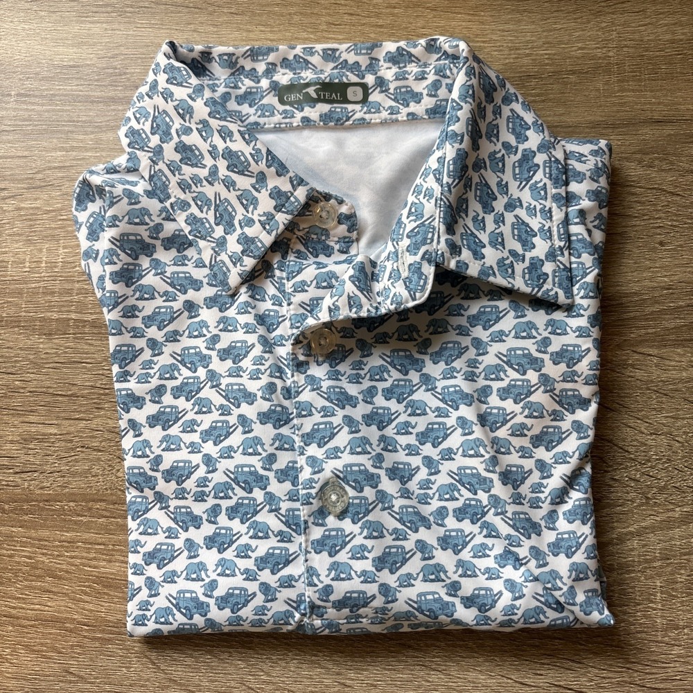 Gen Teal Safari Elephant Print Performance Polo Size S